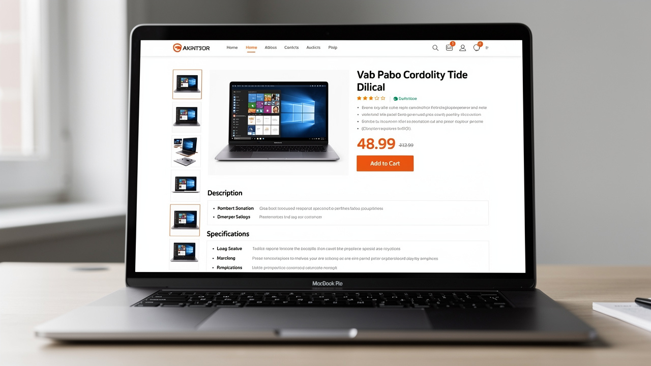 Página de produto bem estruturada exibida em laptop com imagens e descrições organizadas
