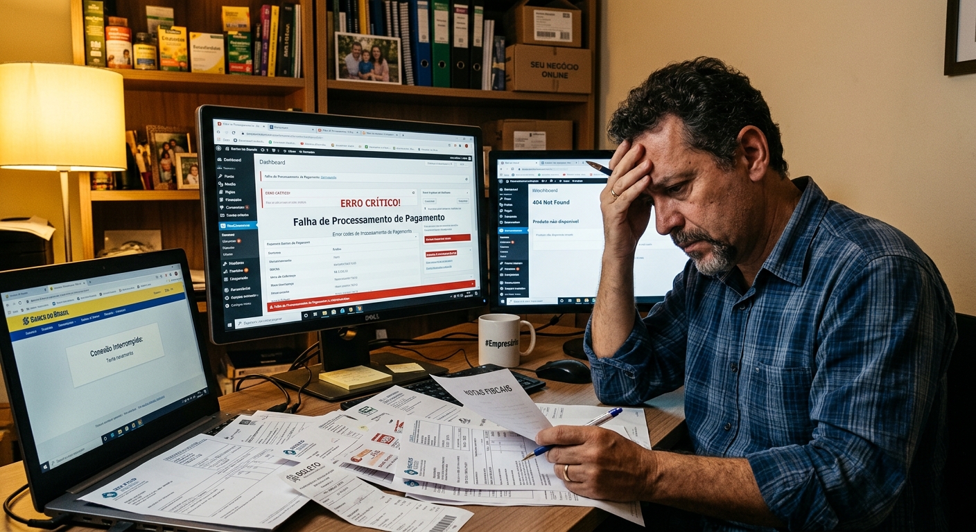 Lojista brasileiro frustrado diante de telas com erros de e-commerce e pilha de notas fiscais