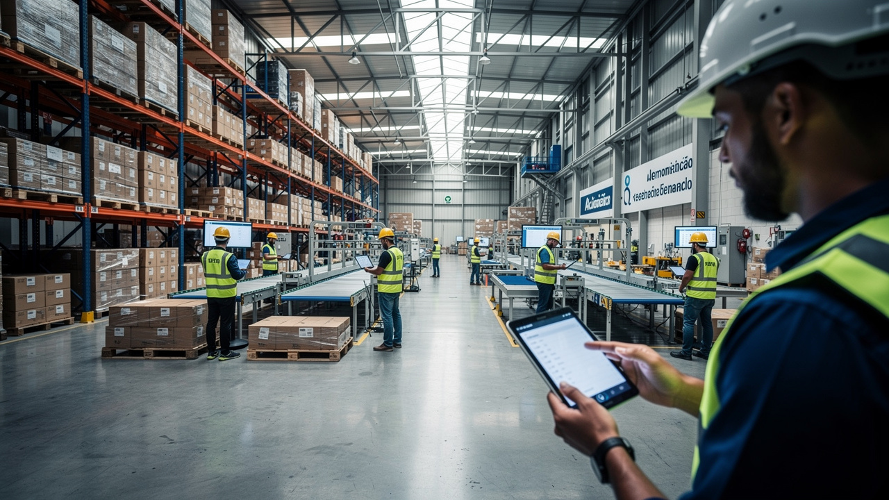 Trabalhadores em galpão industrial brasileiro gerenciando pedidos digitais em tablets