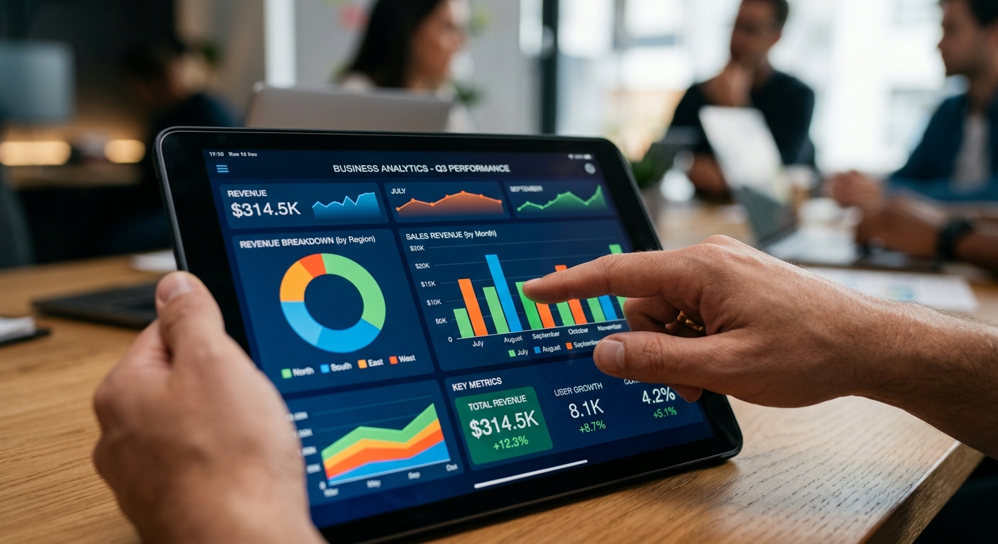 Mão apontando para um tablet exibindo um painel com gráficos e métricas de marketing.