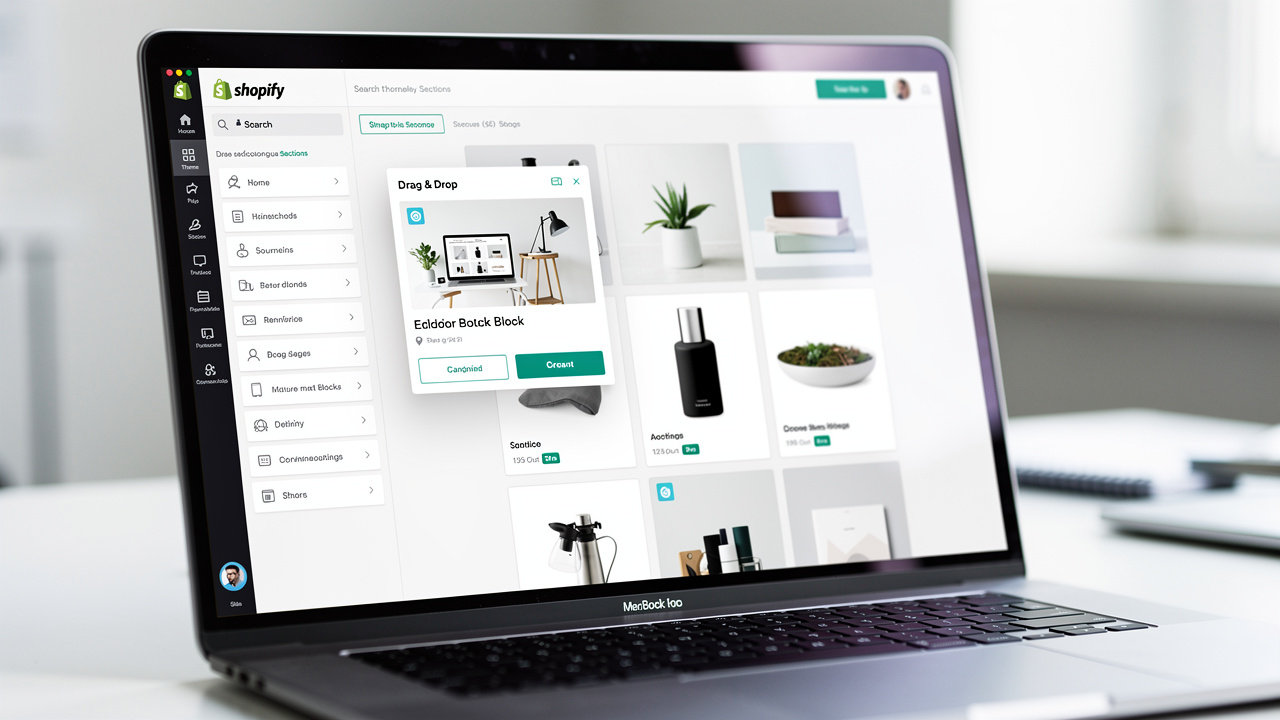 Editor de temas da Shopify aberto com blocos de produto sendo customizados na tela