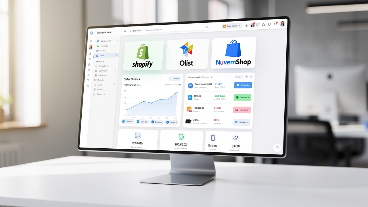 Painel de gestão com integrações entre Shopify, Olist e NuvemShop em monitor