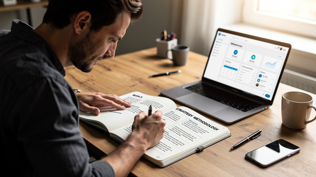 Empreendedor escrevendo plano de metodologia estruturada em caderno com laptop ao lado em mesa de madeira