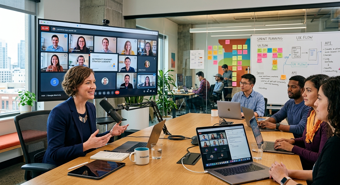 Gerente de empresa de tecnologia liderando reunião remota com equipe, utilizando ferramentas modernas de comunicação
