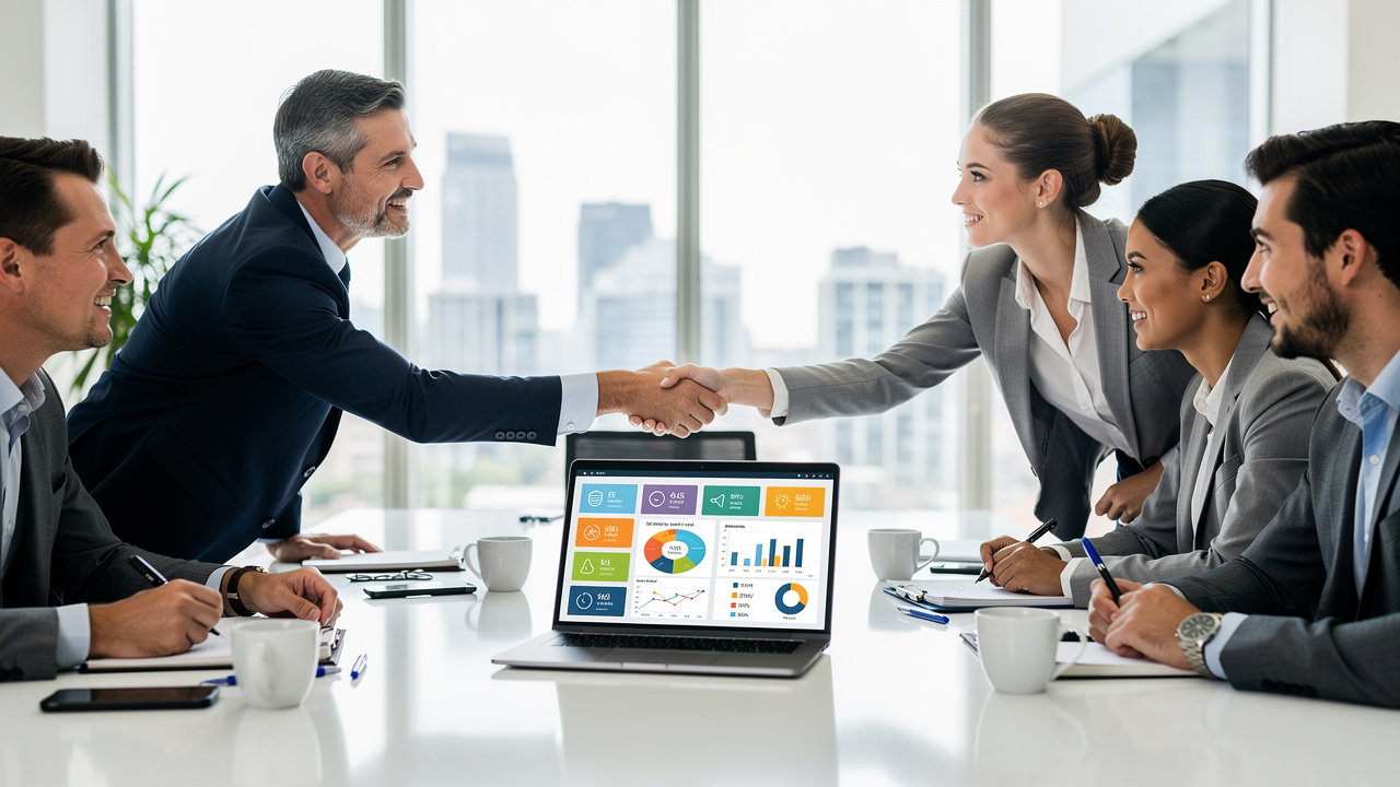 Gerentes de marketing e vendas apertando mãos com dashboard compartilhado no laptop