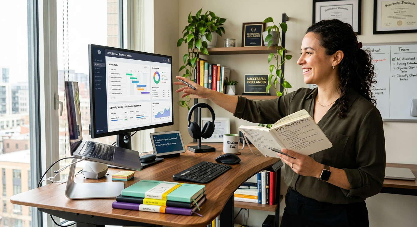 Freelancer de sucesso organizando seu espaço de trabalho com assistência da IA