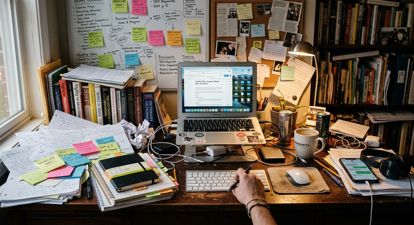 Espaço de trabalho bagunçado de um redator, com anotações e livros, mostrando desorganização
