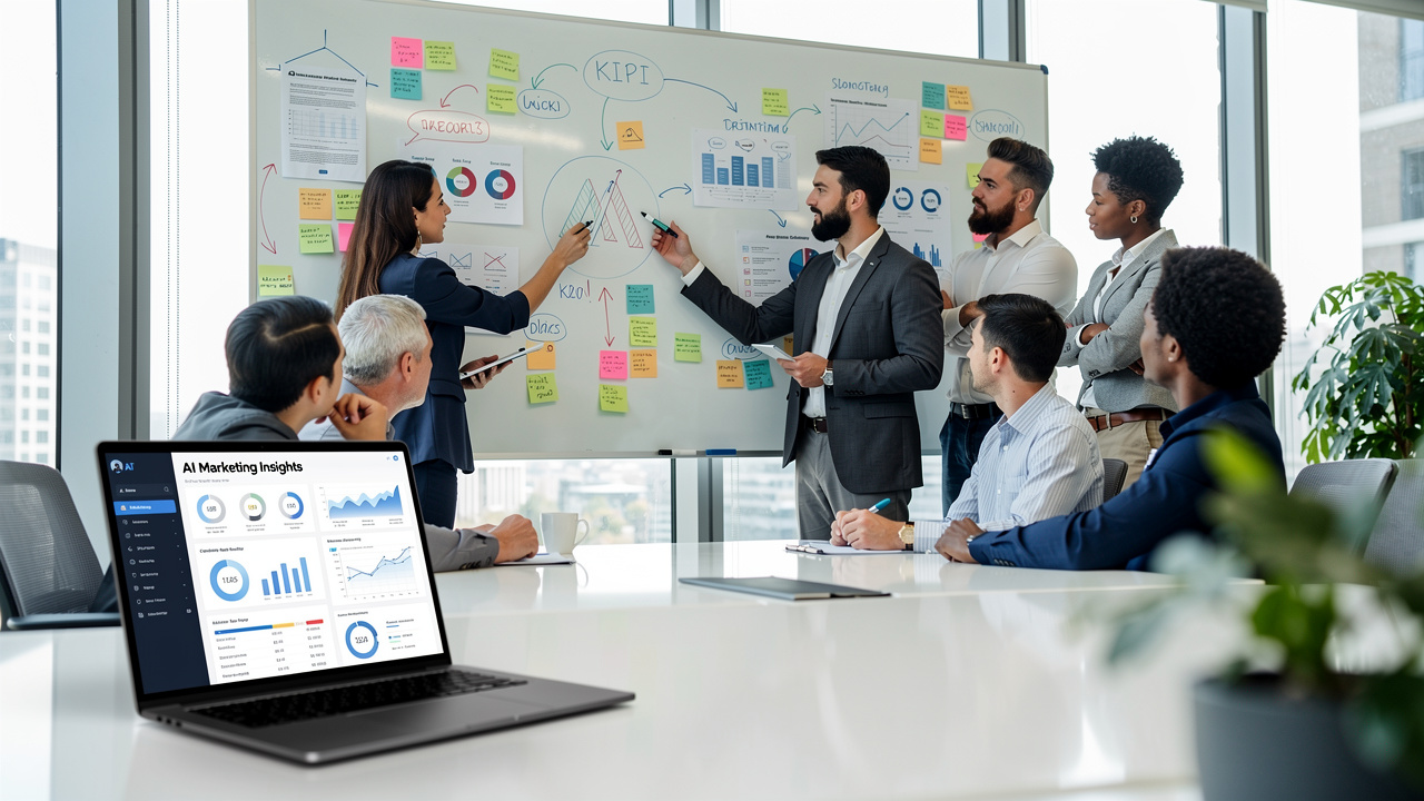 Equipe de marketing analisando estratégia em quadro branco com insights de IA na tela