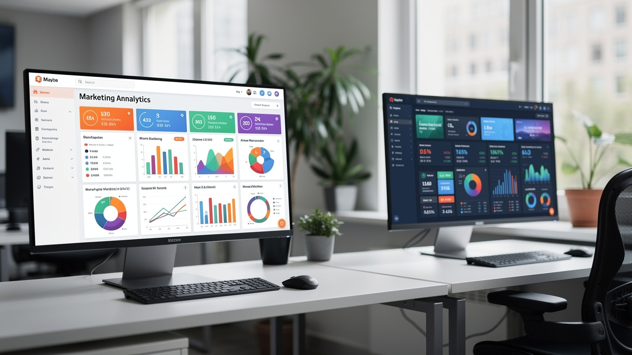 Dois monitores com dashboards de marketing desconectados em escritório moderno iluminado