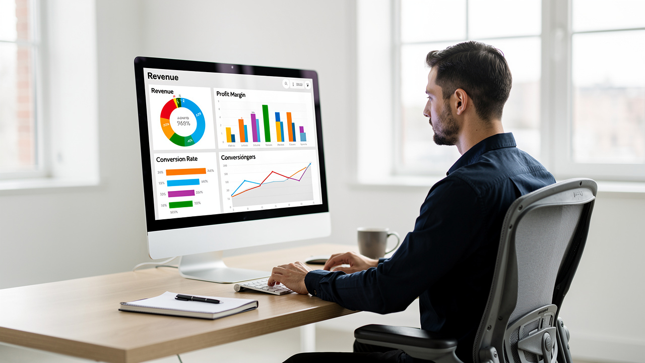 Empreendedor analisando um painel de e-commerce com gráficos de margem de lucro em um escritório moderno.