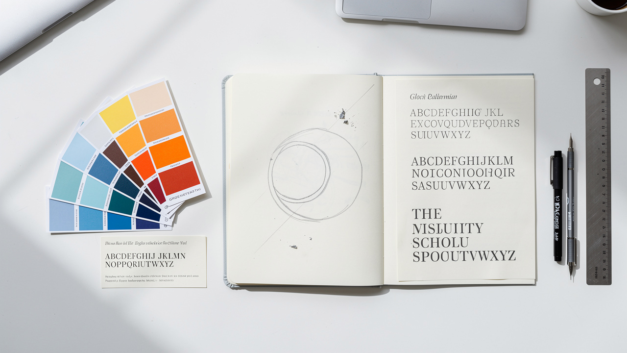 Materiais de identidade de marca com amostras de cores, esboço de logo e tipografia sobre fundo branco