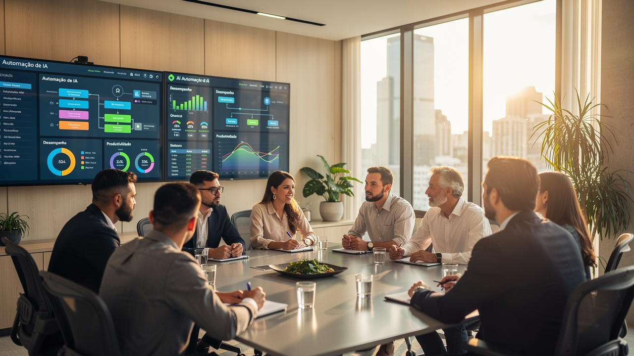 Equipe de negócios analisando dashboards de automação inteligente em escritório moderno com luz natural