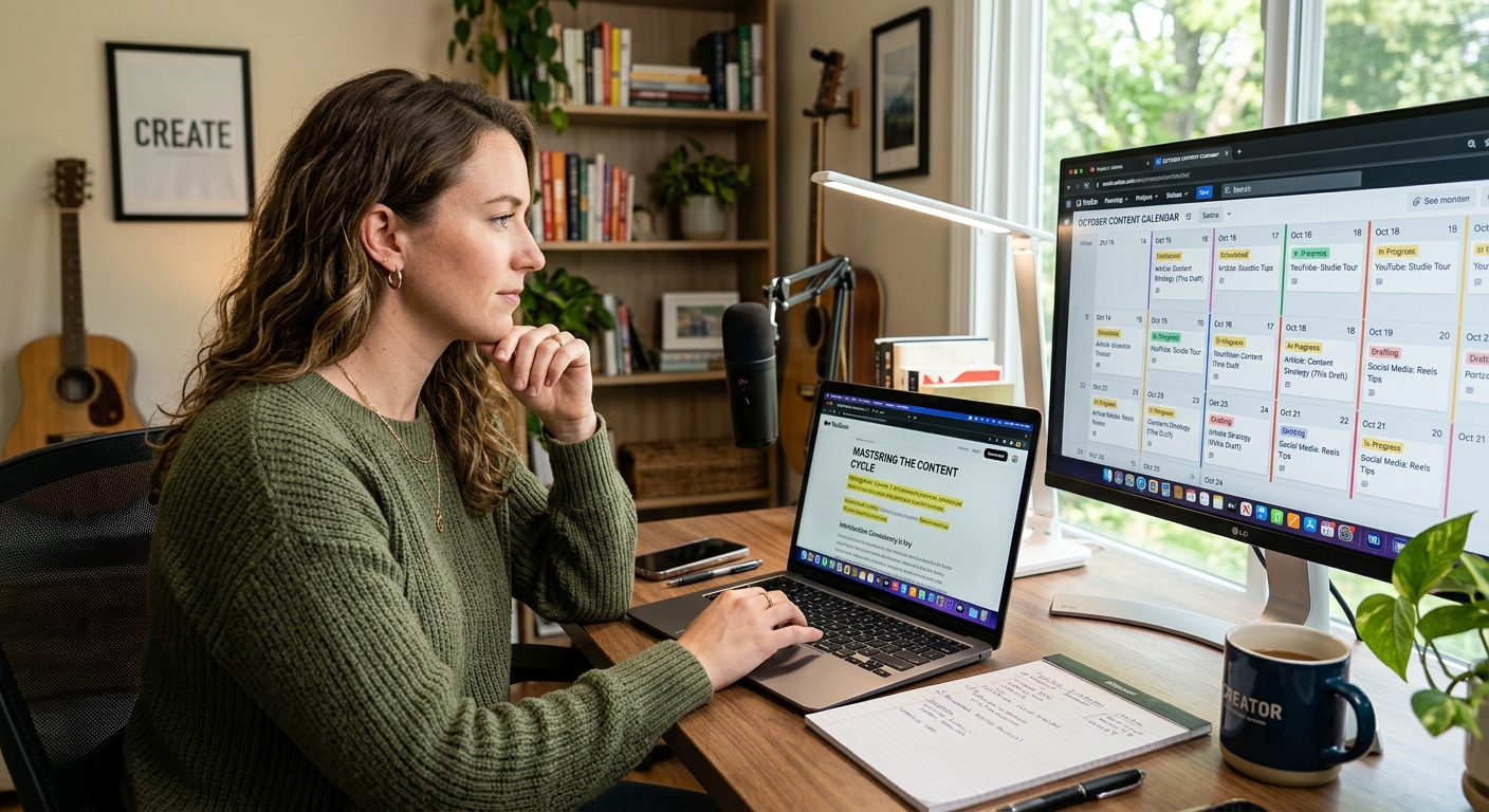 Criador de conteúdo revisando rascunho no laptop com calendário editorial na segunda tela