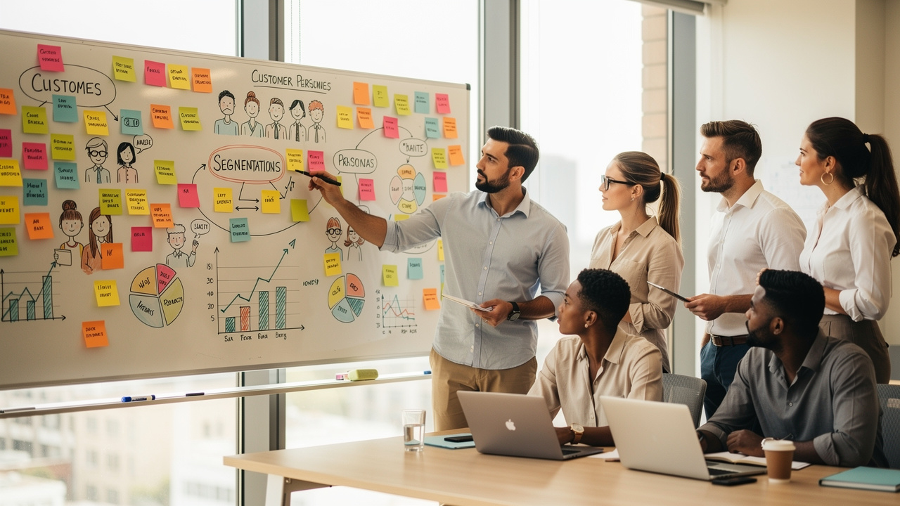 Equipe de marketing revisando dados de segmentação de clientes em quadro branco