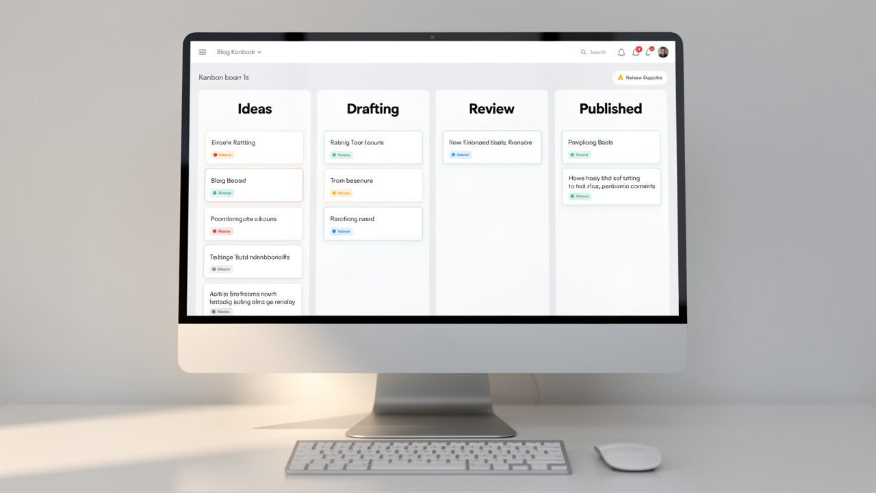 Tela de computador exibindo um quadro Kanban digital para organizar o fluxo de produção de posts de blog