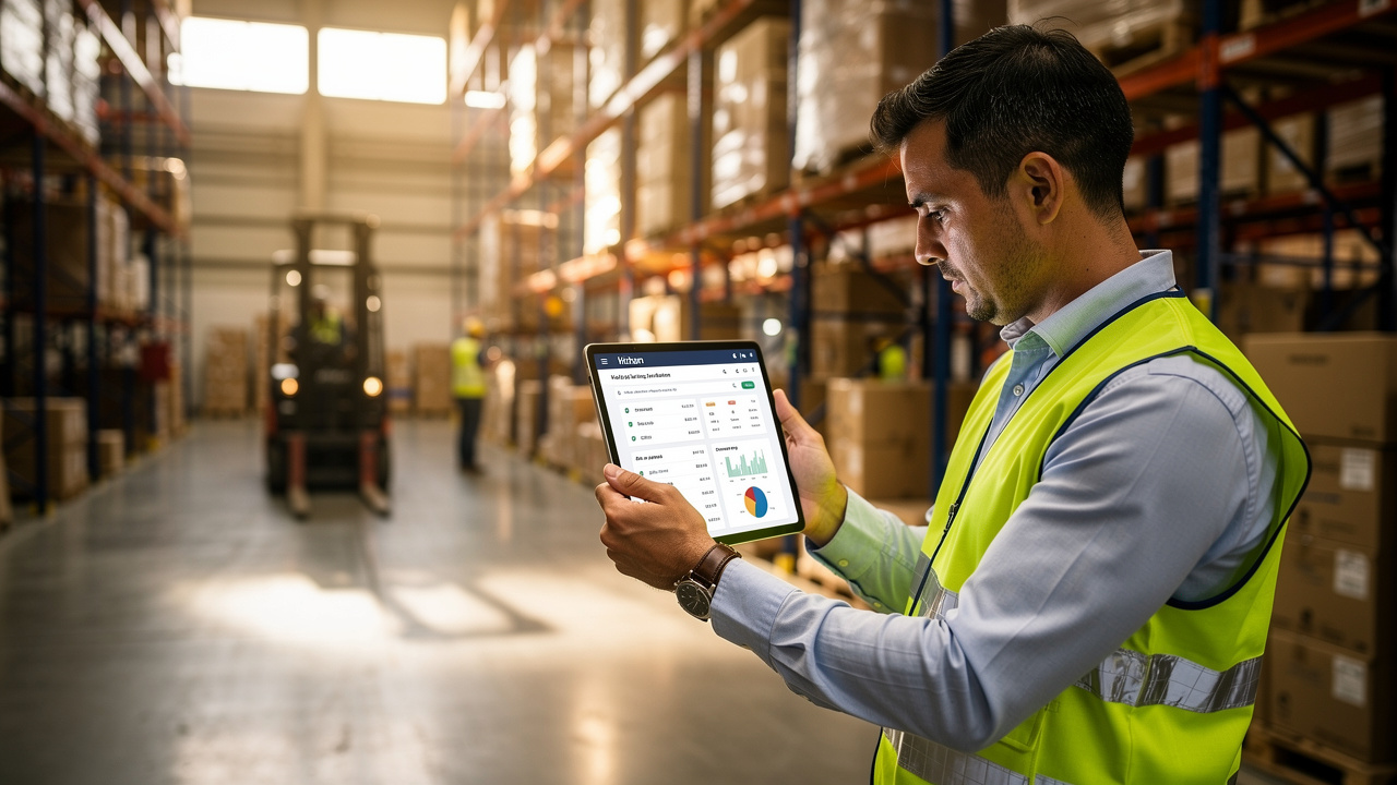 Gerente industrial analisando pedidos de e-commerce B2B em tablet dentro de galpão