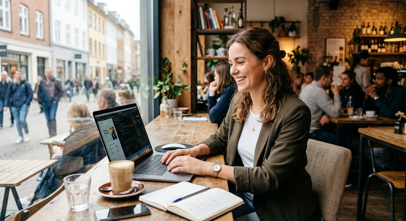 Uma pessoa trabalhando feliz em um laptop em um café, simbolizando liberdade profissional.