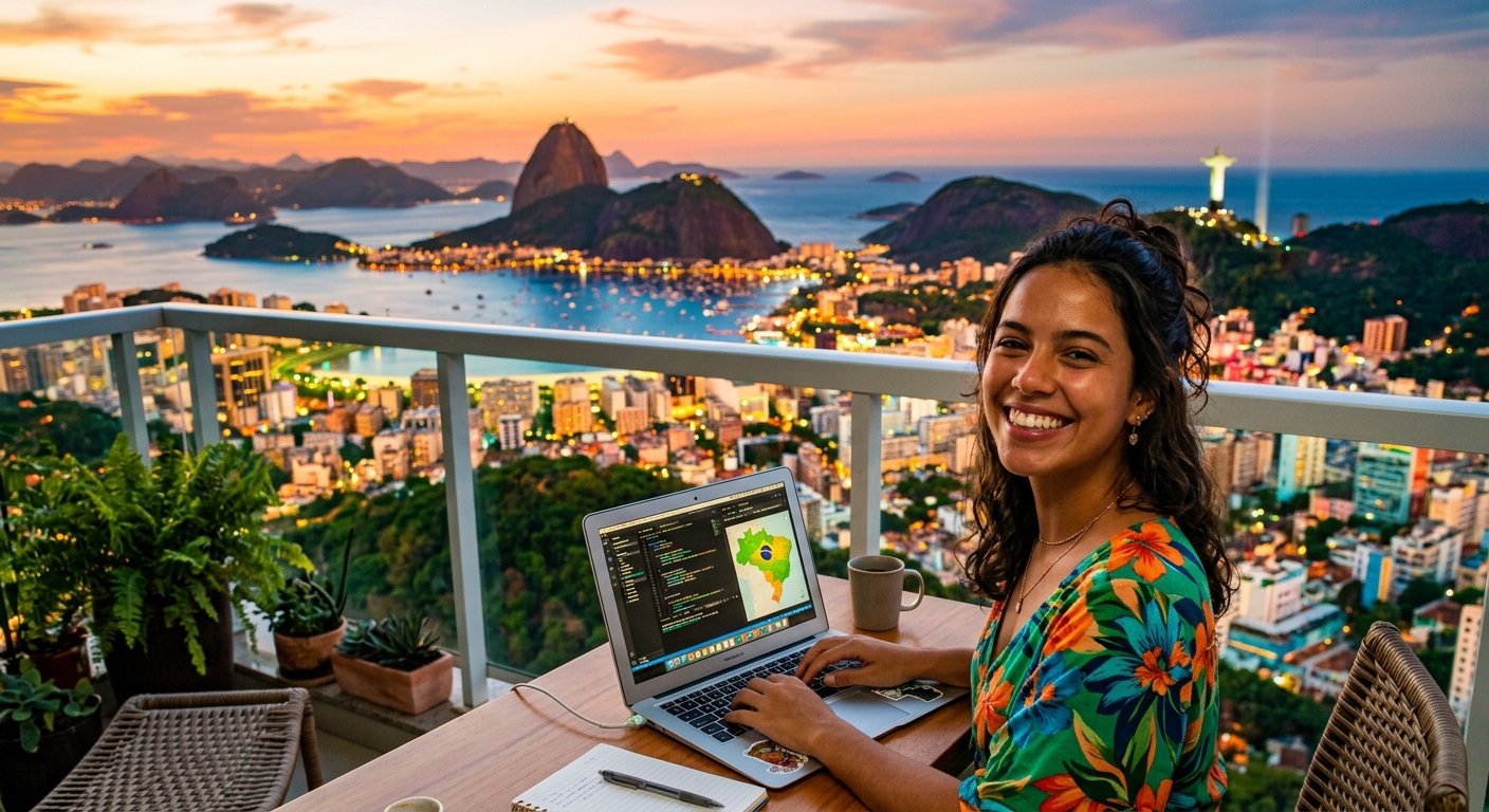 Mulher jovem sorrindo em frente ao laptop com vista da cidade ao fundo, transmitindo liberdade geográfica.