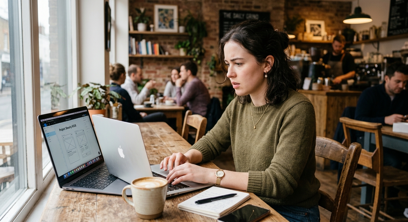 Um jovem freelancer trabalhando em um laptop em um café, com expressão concentrada
