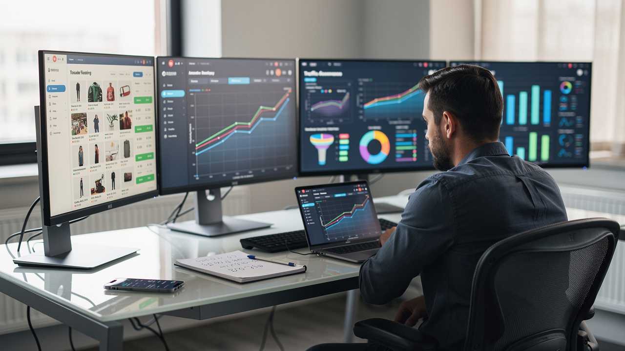 Gestor de e-commerce analisando painéis de dados de produtos e vendas em múltiplos monitores.