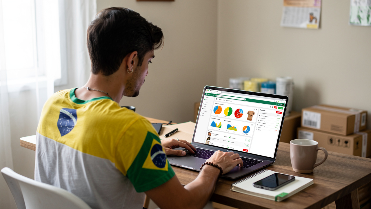 Lojista brasileiro analisando dados de produtos no computador em pequeno escritório iluminado