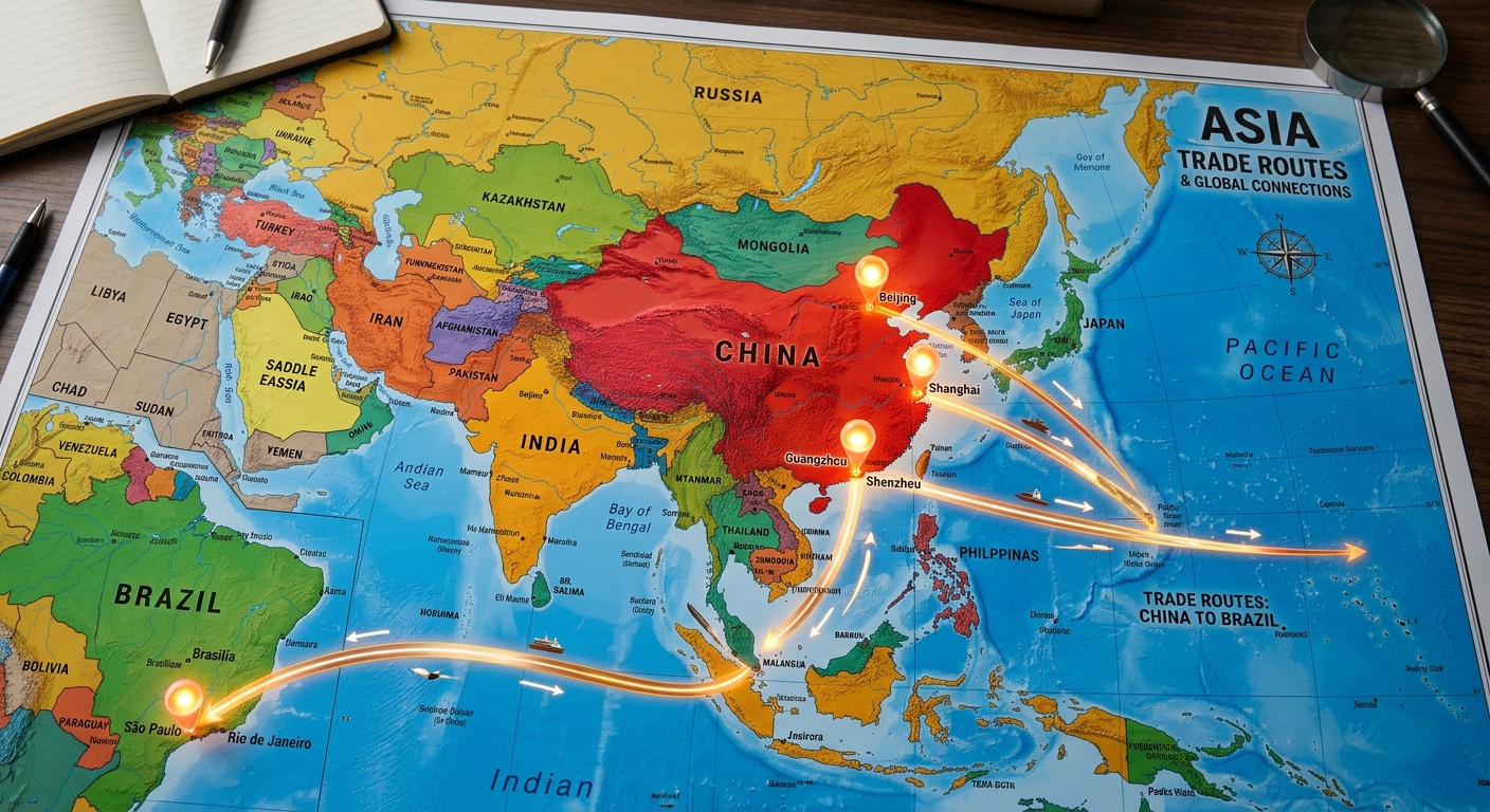 Mapa da Ásia com pinos luminosos na China mostrando rotas comerciais para o Brasil.