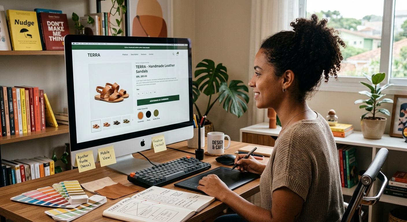 Designer gráfico trabalhando na página de produto de uma loja virtual em seu computador