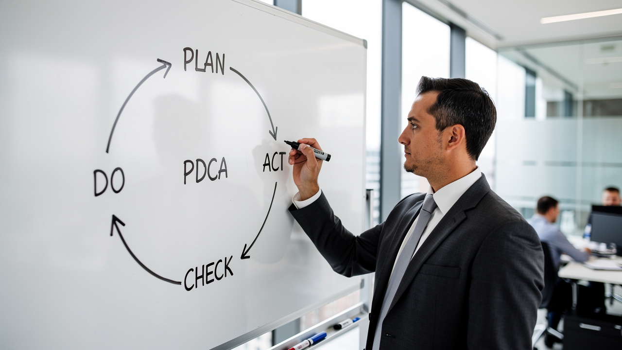 Gestor desenhando ciclo PDCA em quadro branco em escritório moderno iluminado