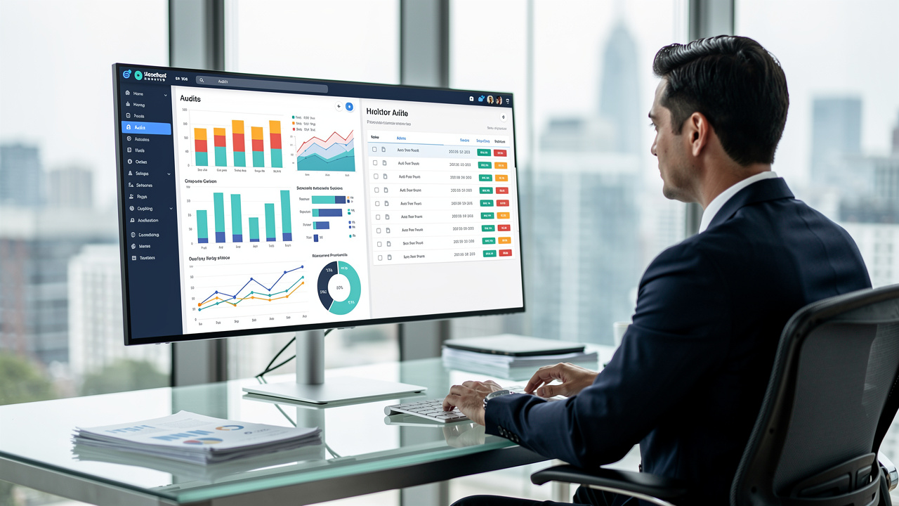 Gestor analisando dados auditáveis em painel digital em escritório moderno