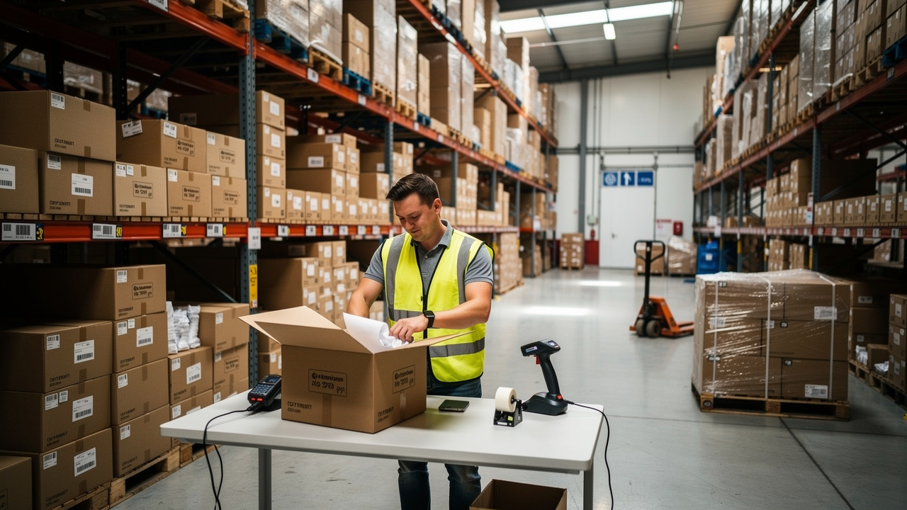 Funcionário embalando pedidos em armazém organizado de e-commerce com prateleiras de estoque