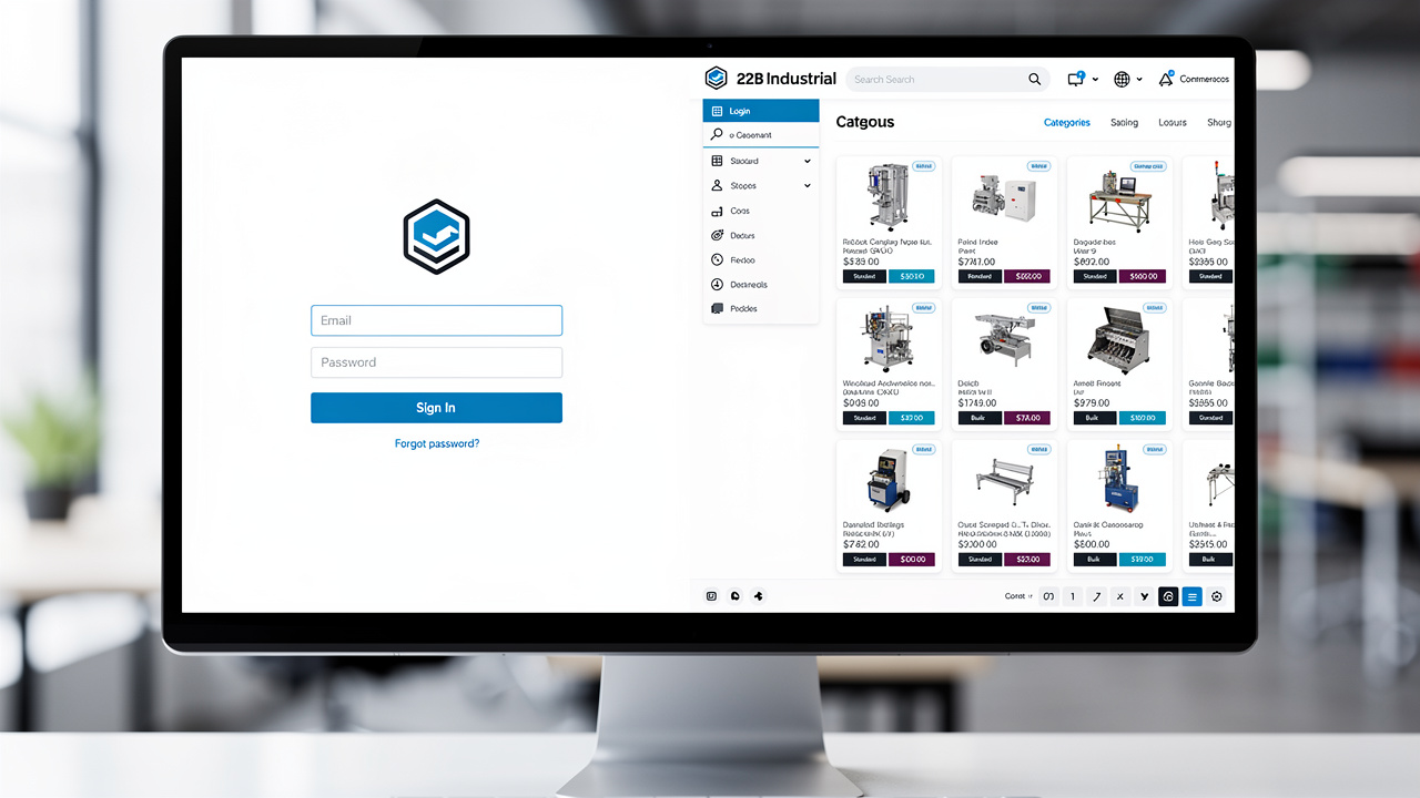 Tela dividida mostrando portal B2B industrial com login e catálogo de produtos com preços por volume