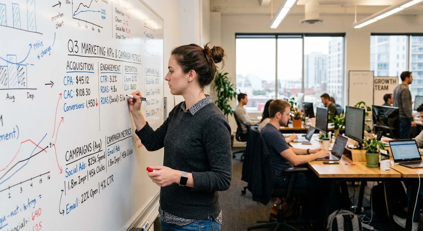 Analista de marketing escrevendo KPIs e métricas de campanha em quadro branco de startup