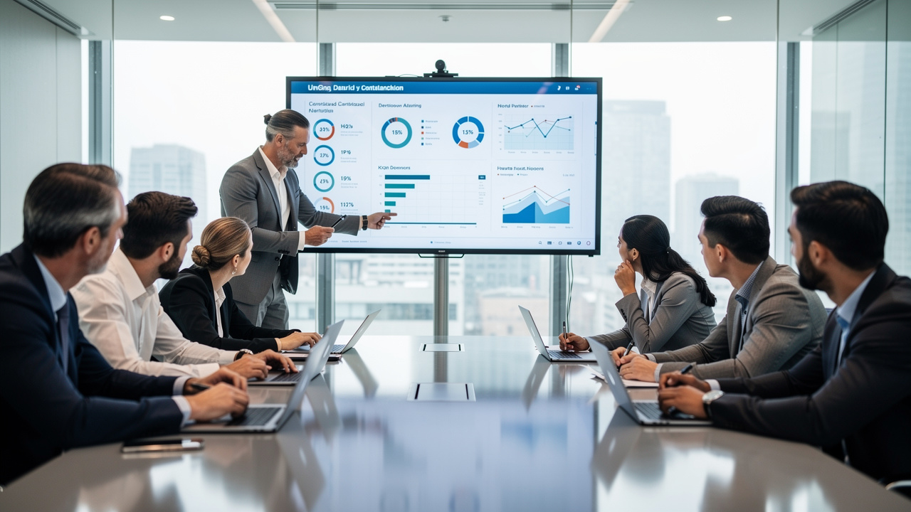 Equipe diversa em reunião analisando relatórios centralizados em tela grande
