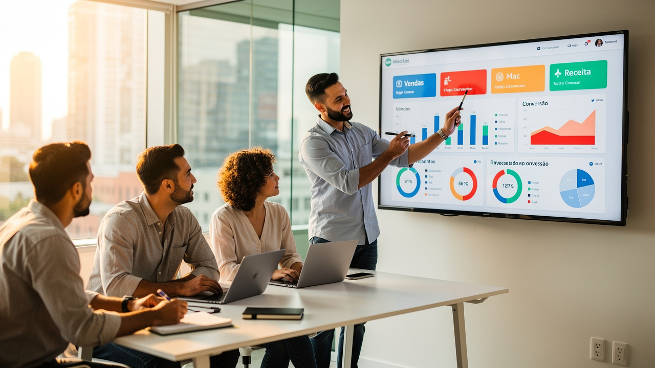 Equipe de e-commerce analisando painel de vendas em monitor grande em escritório moderno