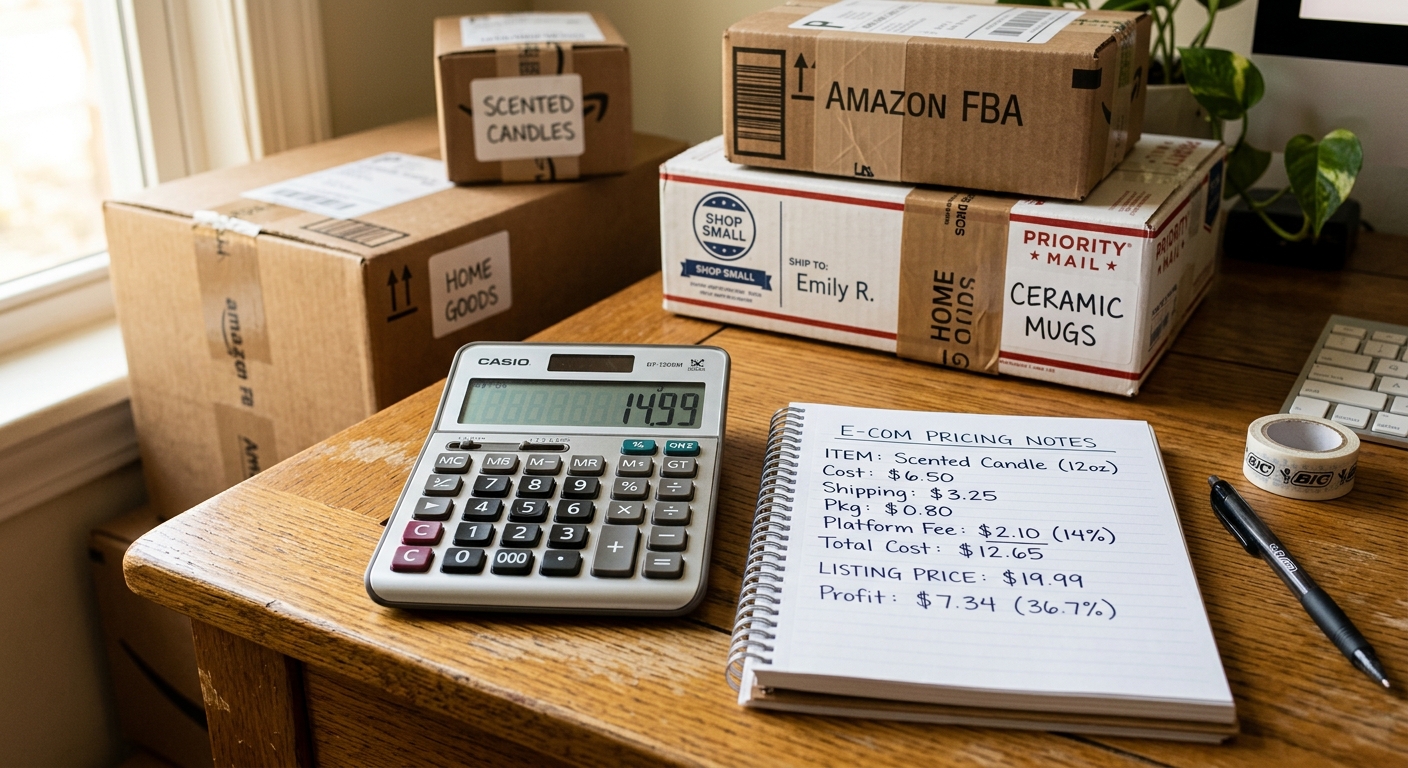 Calculadora e anotações de precificação em mesa com caixas de e-commerce ao fundo