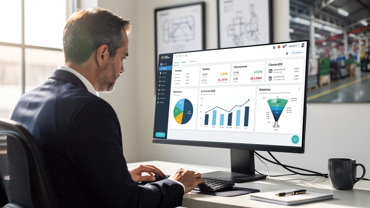 Gerente de indústria brasileira analisando painel de e-commerce B2B no escritório