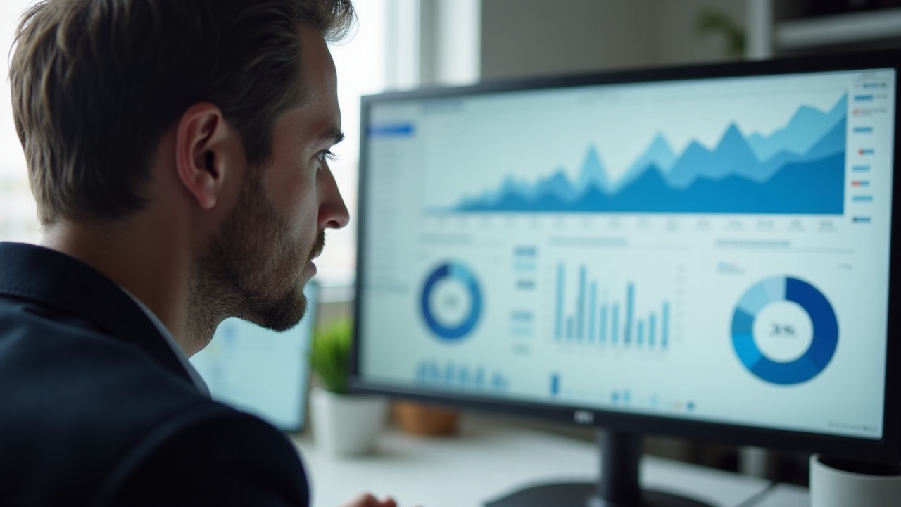 Empreendedor analisando um painel de dados com gráficos em um computador em seu escritório