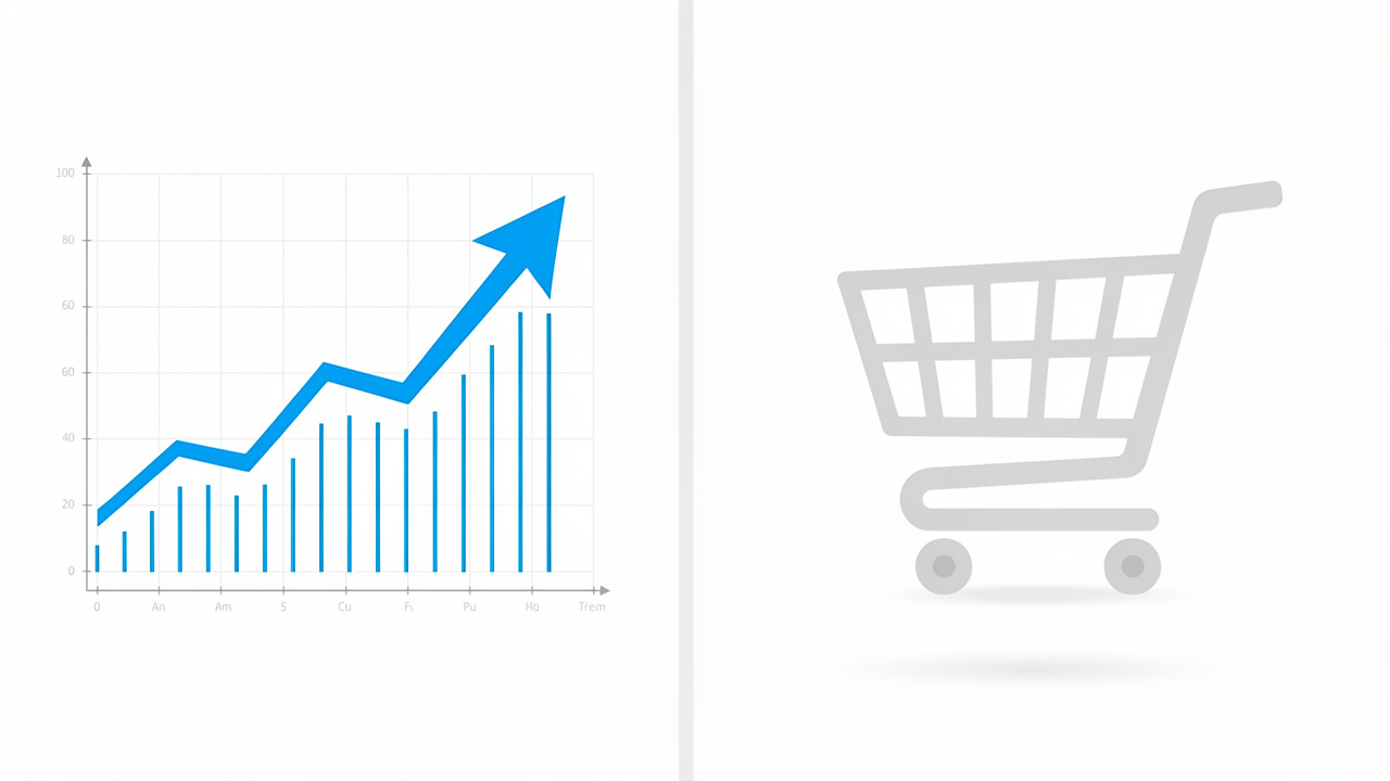 Tela dividida mostrando de um lado um gráfico de tráfego de site subindo e do outro um carrinho de compras vazio