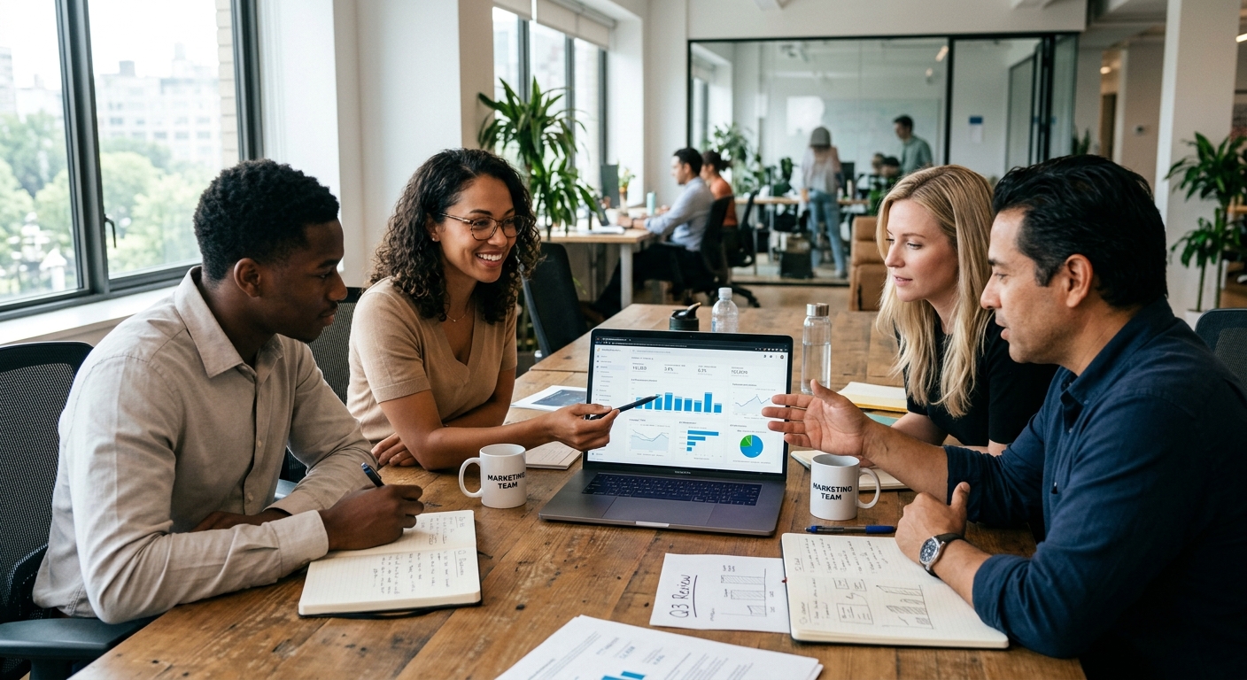 Equipe de marketing reunida analisando painel de métricas em laptop no escritório