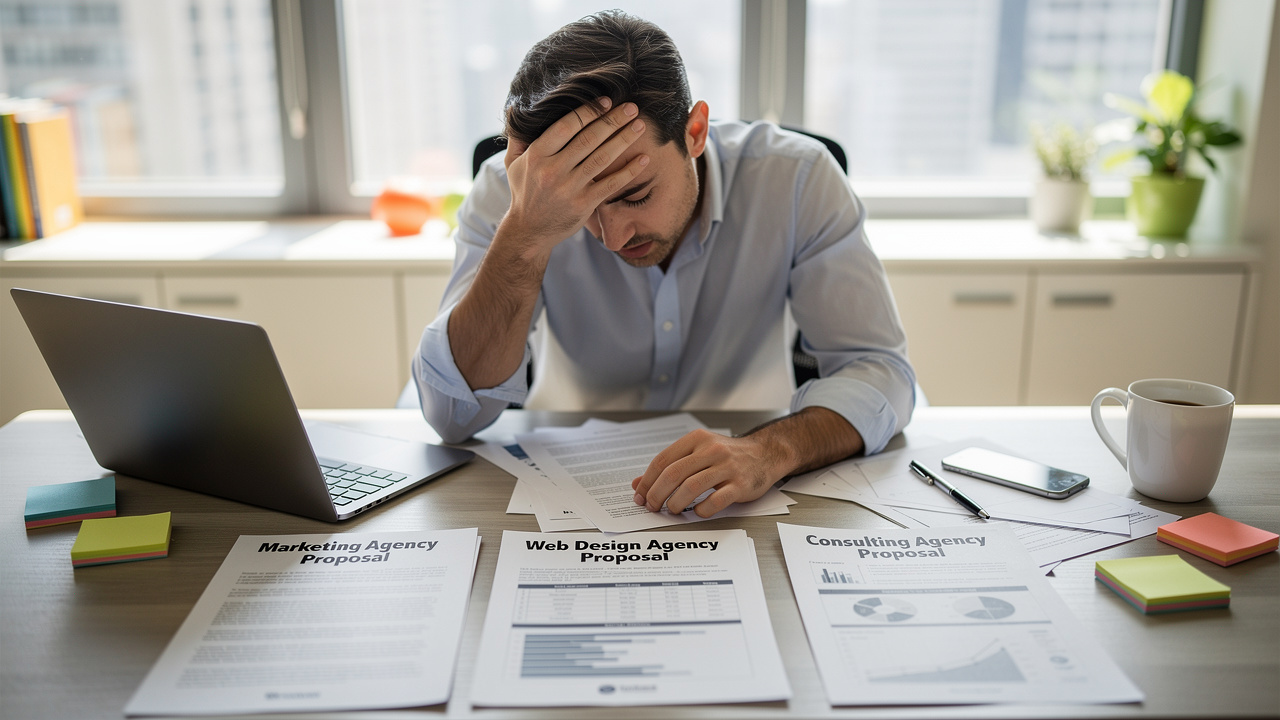 Empresário frustrado na mesa com propostas de três agências de marketing diferentes