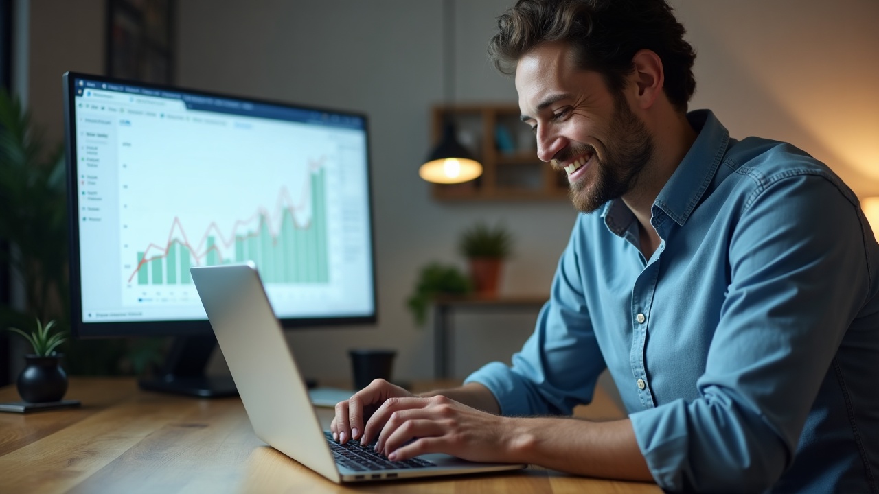 Gestor de e-commerce sorrindo ao revisar listagens de produtos em seu notebook com gráfico de tráfego crescente ao fundo.