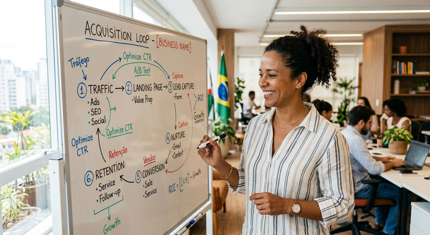 Empreendedor brasileiro analisando um diagrama de loop de aquisição de clientes em um quadro branco