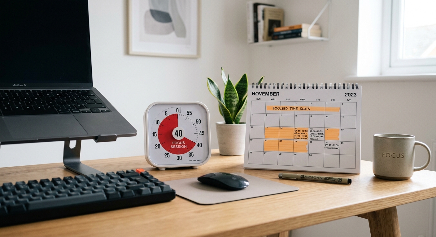 Blocos de tempo protegido em calendário, estruturando períodos de foco ininterrupto para equipe