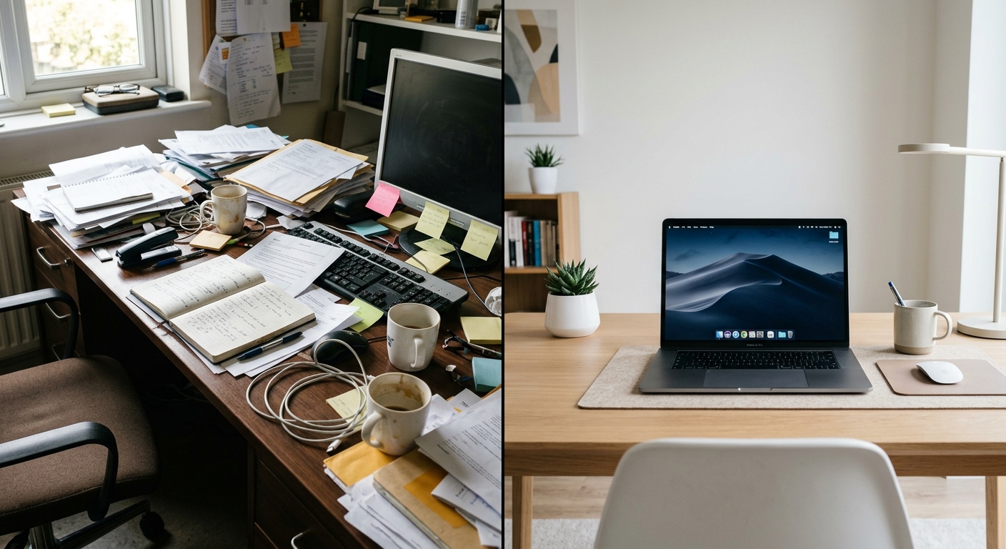 Comparativo de uma mesa de trabalho bagunçada e uma mesa organizada com um notebook mostrando uma interface limpa