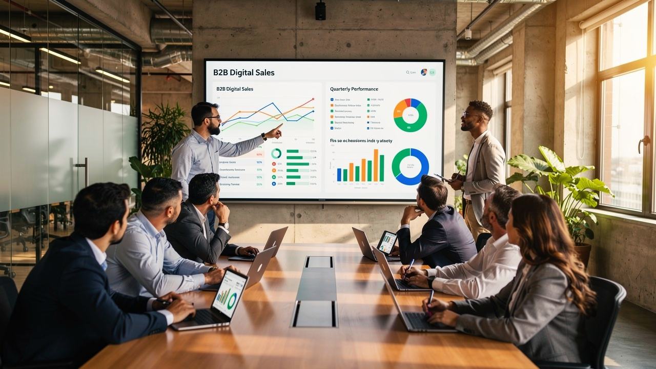 Equipe comercial industrial discutindo estratégia de vendas digitais B2B em escritório moderno