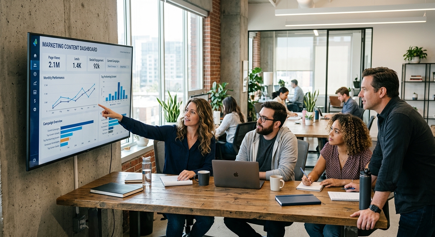 Equipe de marketing analisando painel de conteúdo automatizado em escritório moderno