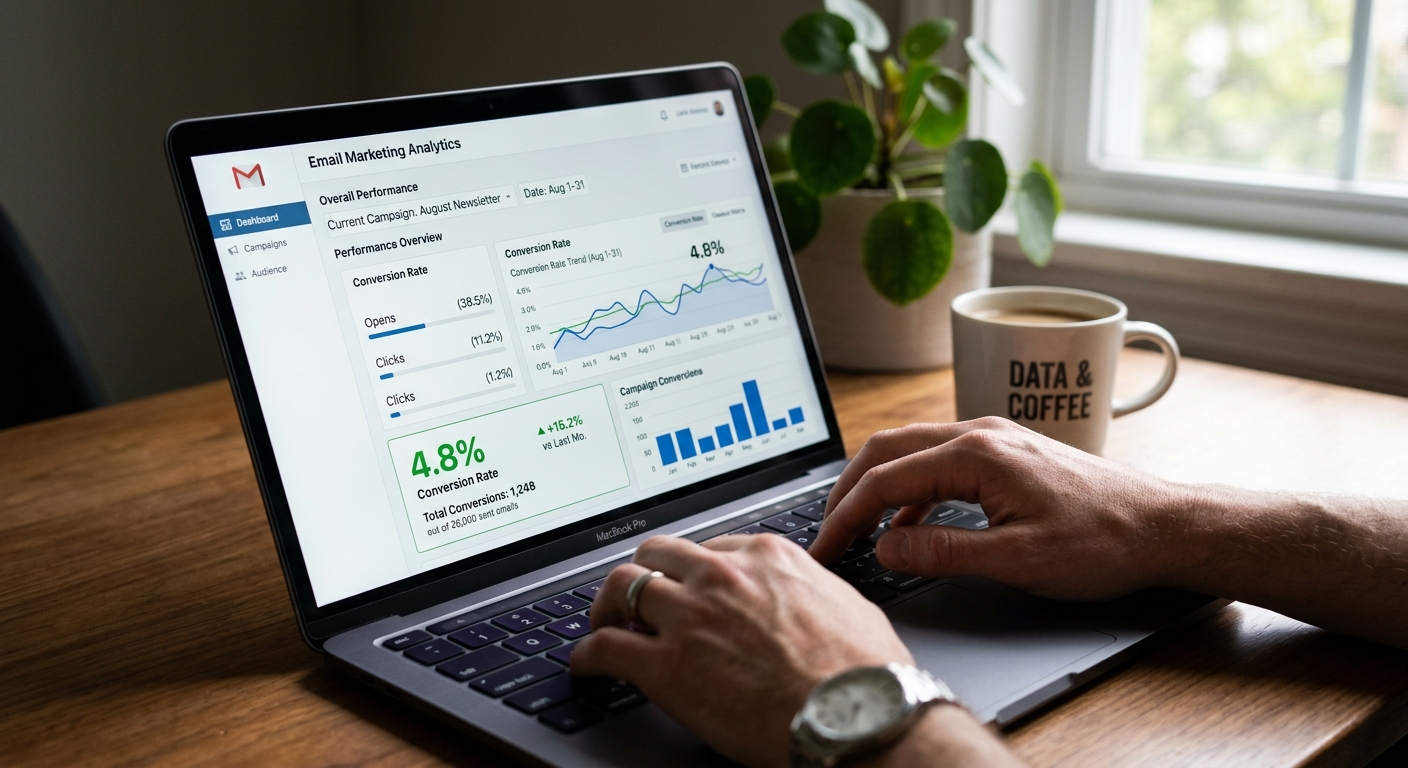 Pessoa analisando um painel de métricas de e-mail marketing em um notebook para otimizar conversões