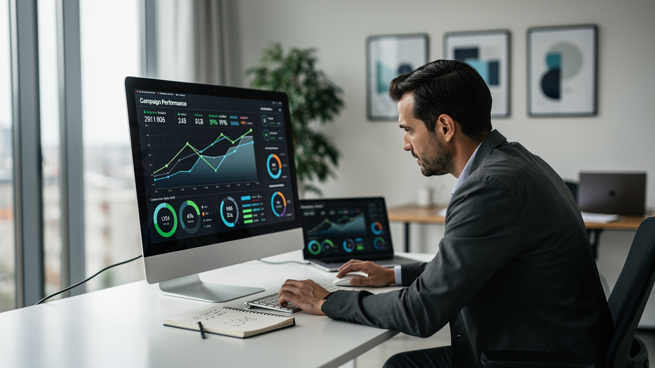 Empreendedor revisando dados de performance de marketing em escritório moderno