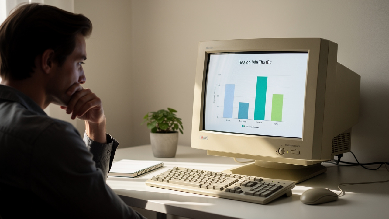 Empreendedor analisando um gráfico de barras simples em um monitor de computador antigo, medindo resultados de blog.