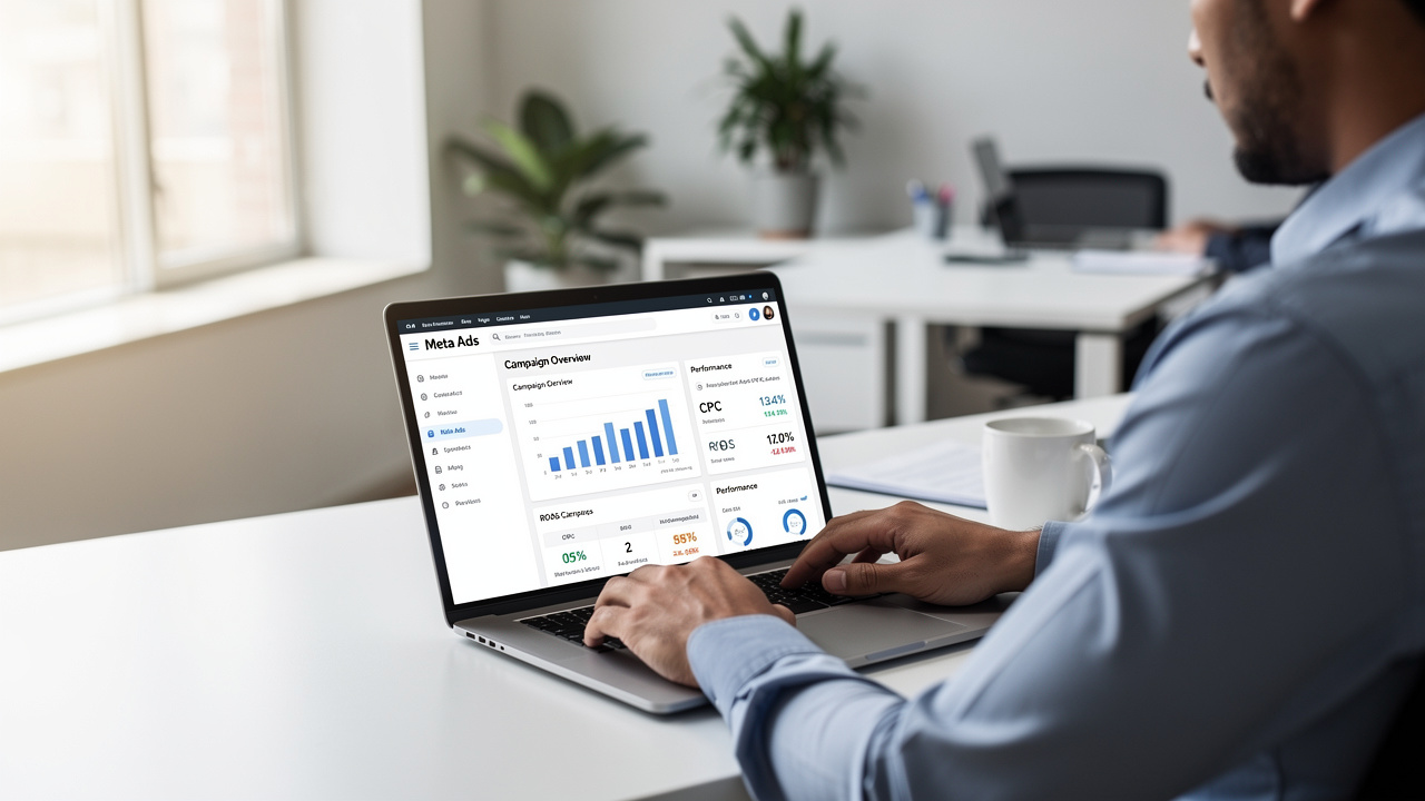 Profissional de marketing analisando painel do Meta Ads em laptop em escritório moderno